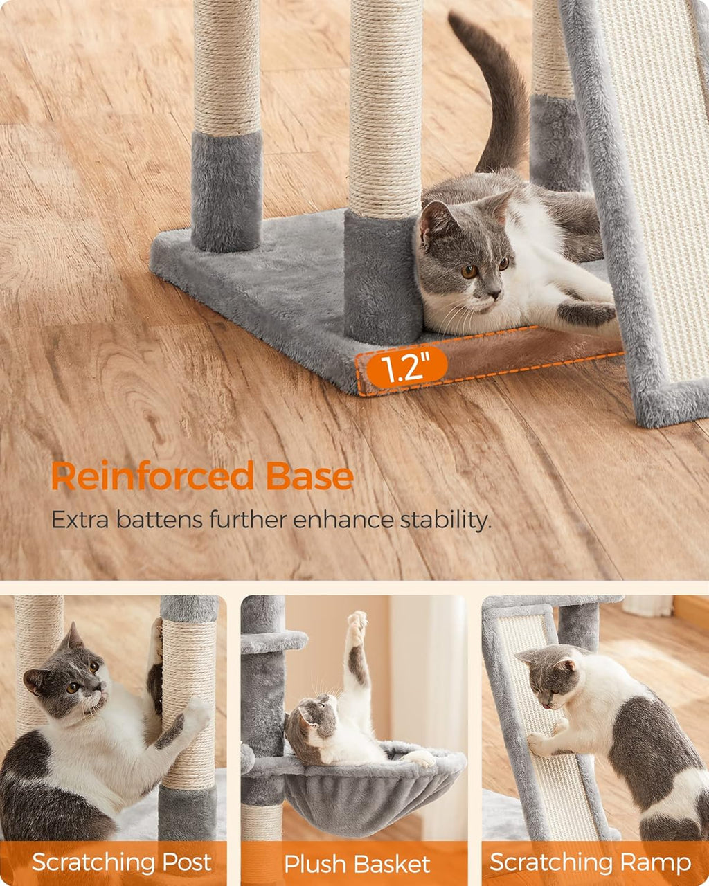Cat Tree, Large Cat Tower, Cat Condo with Scratching Posts, Board, 2 Caves, 3 Plush Perches, Activity Center, 66.5 Inches, Light Gray UPCT019W01